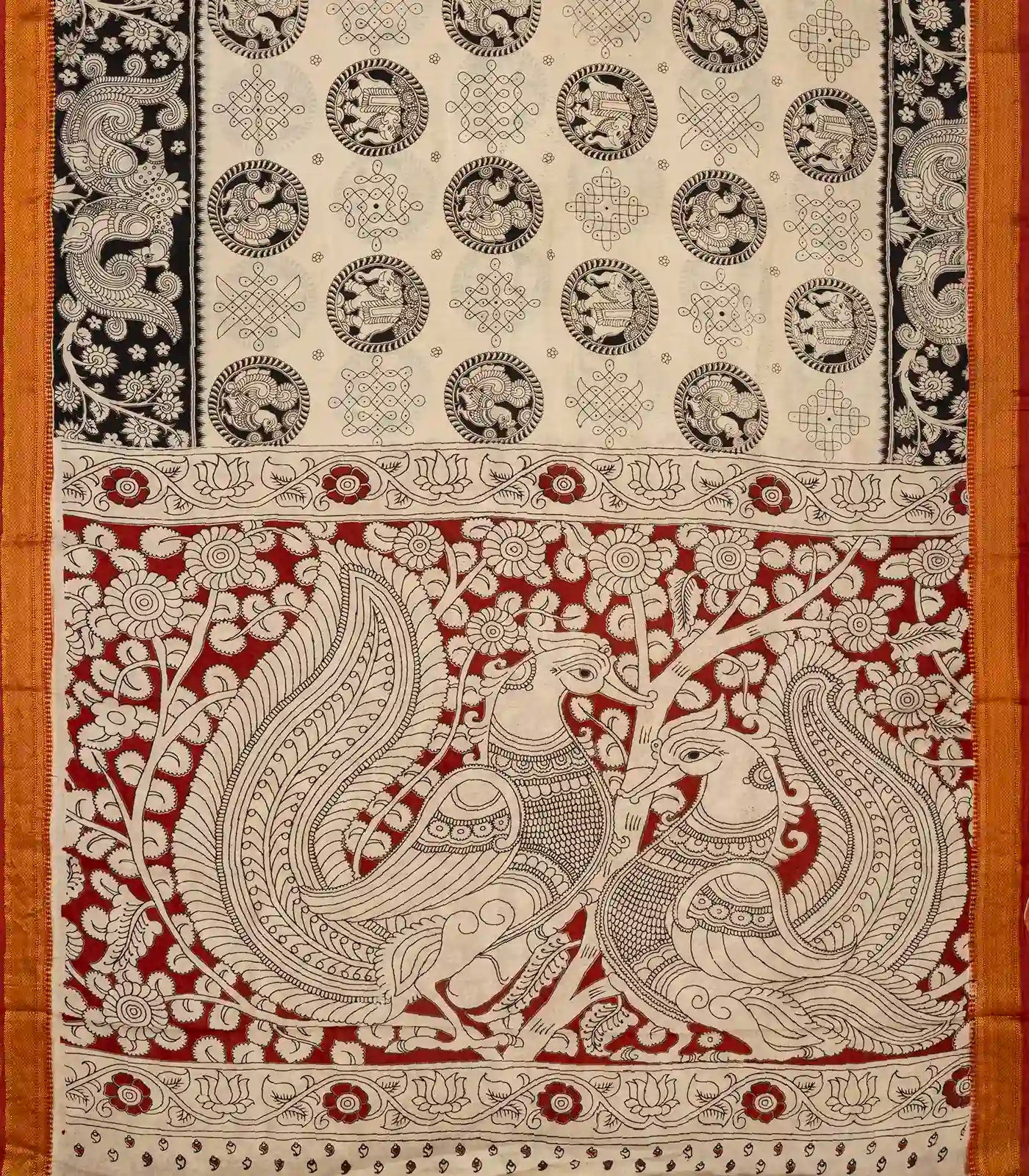 Taupe Handloom Kalamkari Cotton Saree With Printed Annam & Elephant Motifs