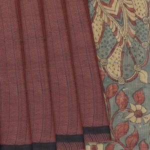 Brown Handloom Tussar Silk Saree With Block Printed Stripes & Kalamkari Hand Painted Pallu & Blouse