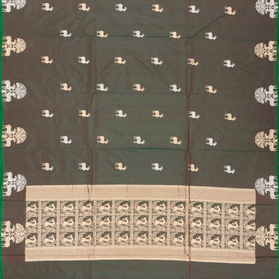 Olive Green Handloom Banarasi Silk Saree With Deer Buttas