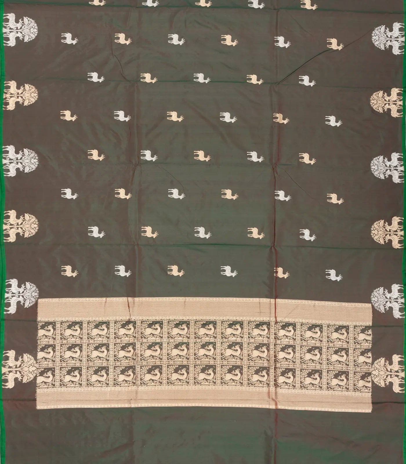 Olive Green Handloom Banarasi Silk Saree With Deer Buttas