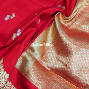 Red Floral Motif Designer Banarasi Katan Silk Saree