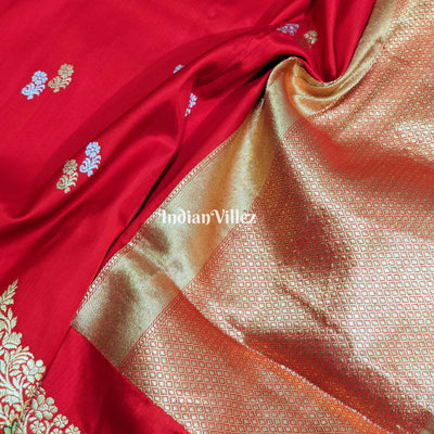 Red Floral Motif Designer Banarasi Katan Silk Saree