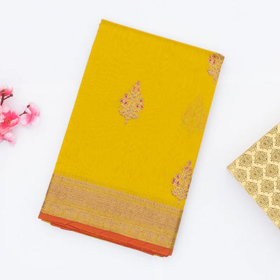 Yellow Handloom Banarasi Silk Cotton Saree With Floral Buttas