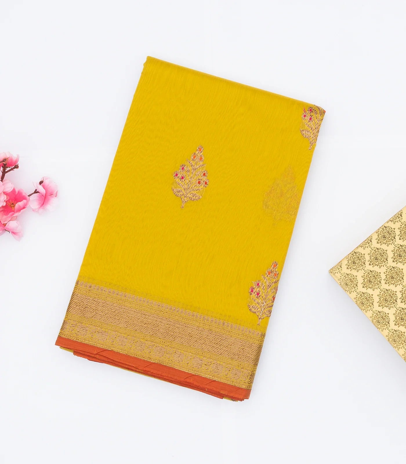 Yellow Handloom Banarasi Silk Cotton Saree With Floral Buttas