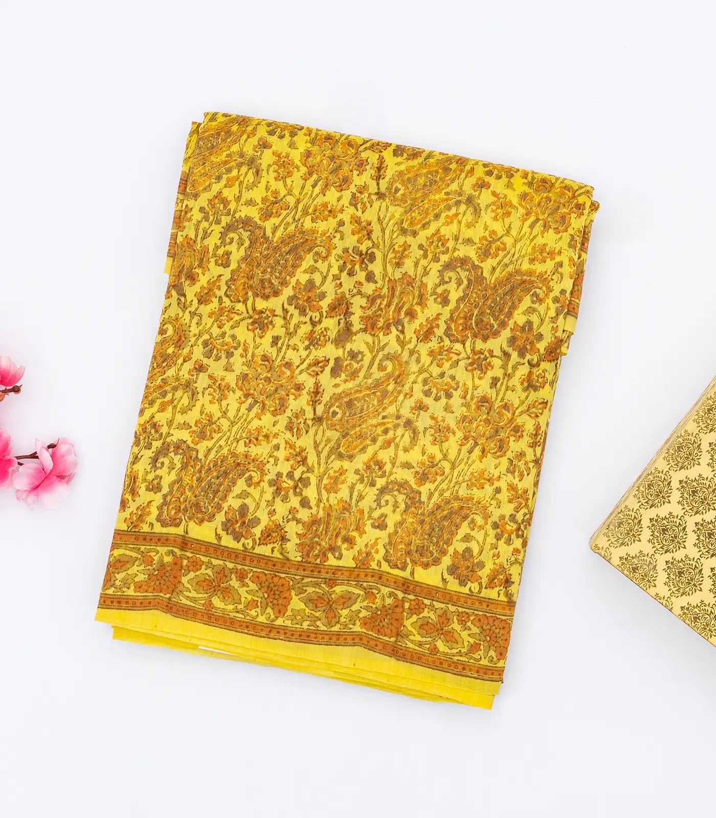 Mustard Handloom Chanderi Cotton Saree Printed With Floral Motifs