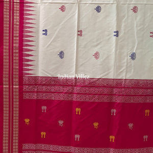 White Maroon Laxmi Pada & Mushroom Motif Sambalpuri Bomkai Silk Saree