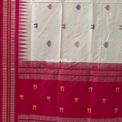 White Maroon Laxmi Pada & Mushroom Motif Sambalpuri Bomkai Silk Saree