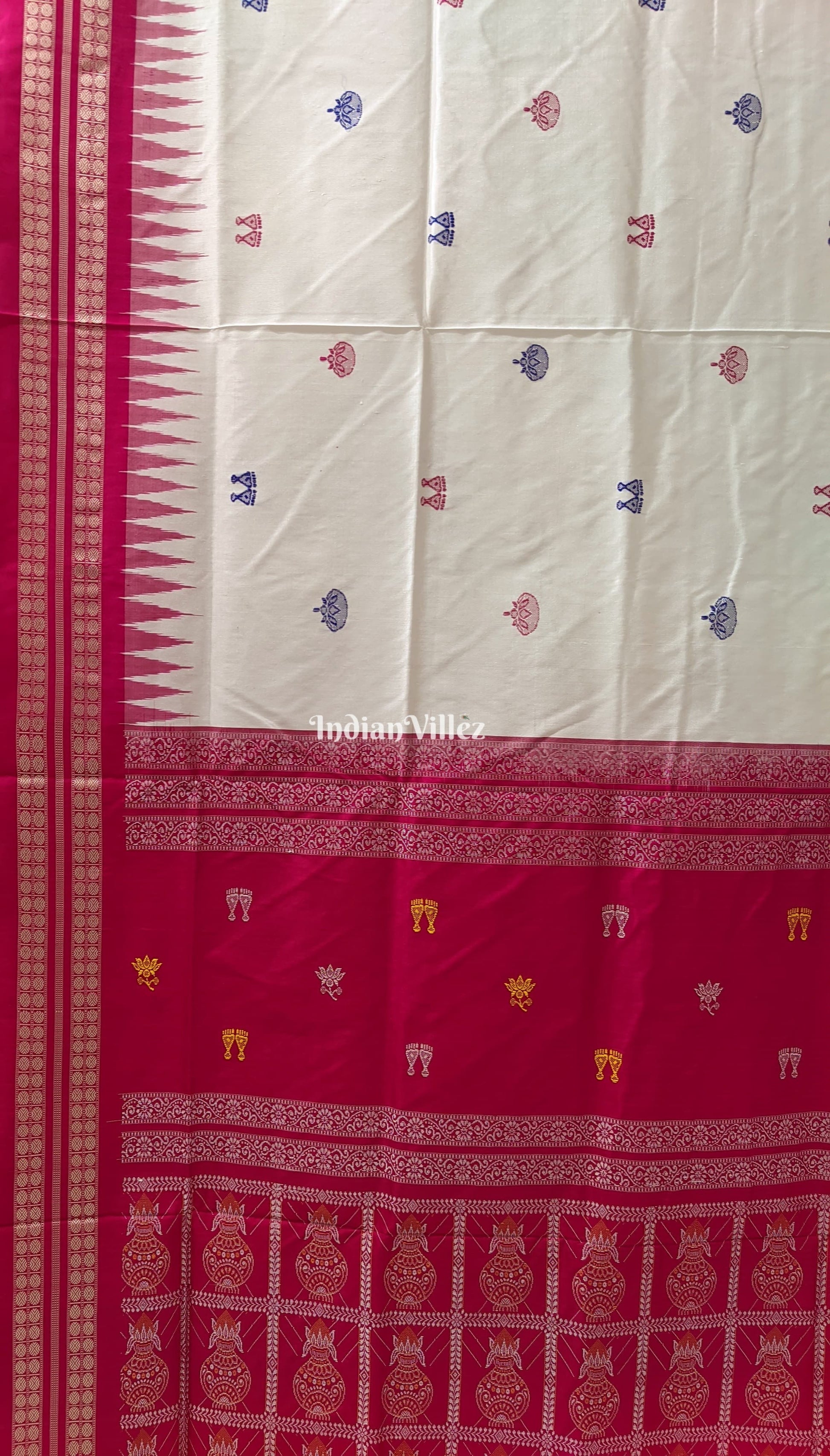 White Maroon Laxmi Pada & Mushroom Motif Sambalpuri Bomkai Silk Saree