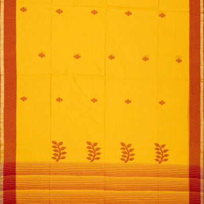 Yellow Handloom Bengal Cotton Saree With Stripes & Buttas