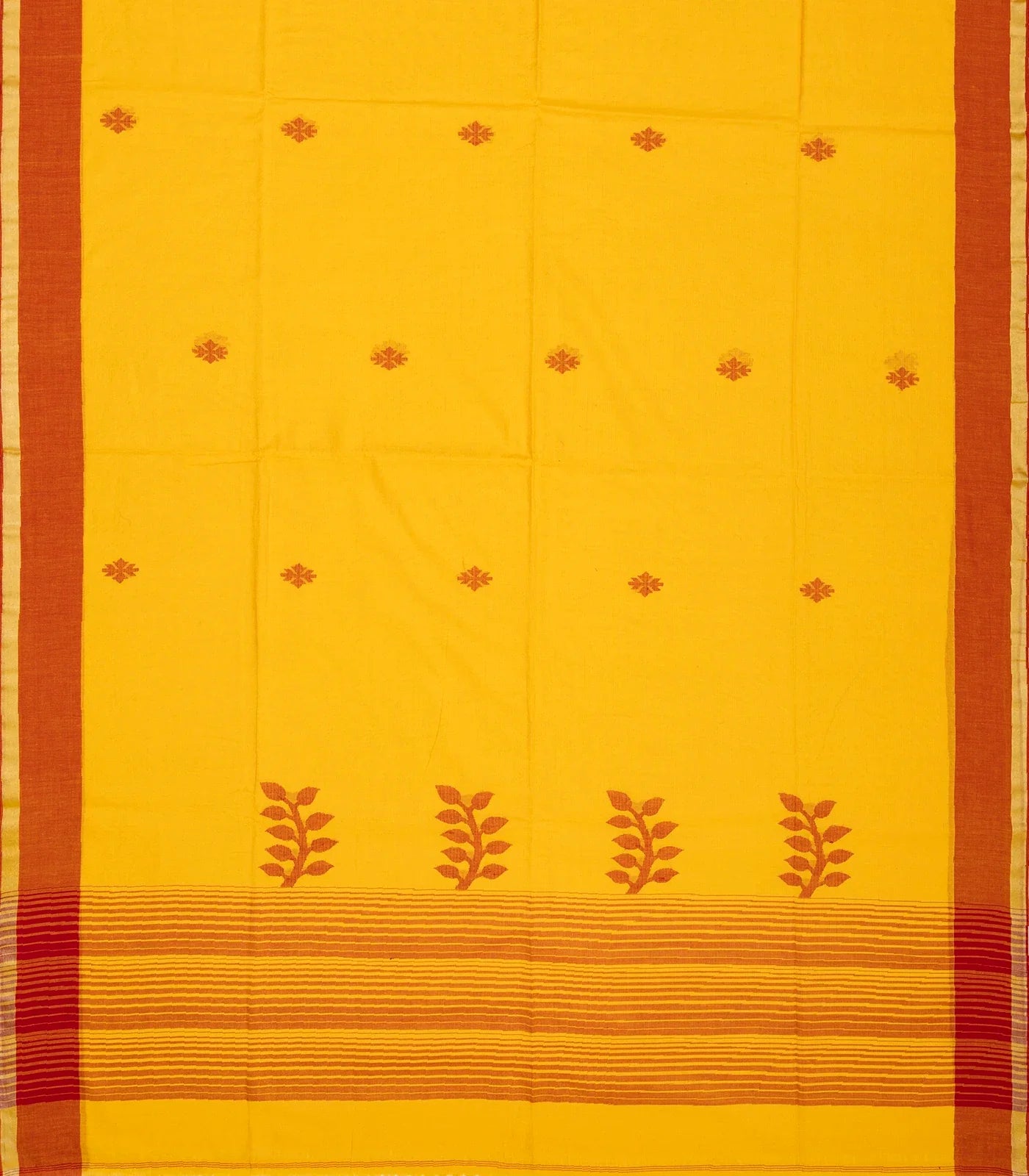 Yellow Handloom Bengal Cotton Saree With Stripes & Buttas
