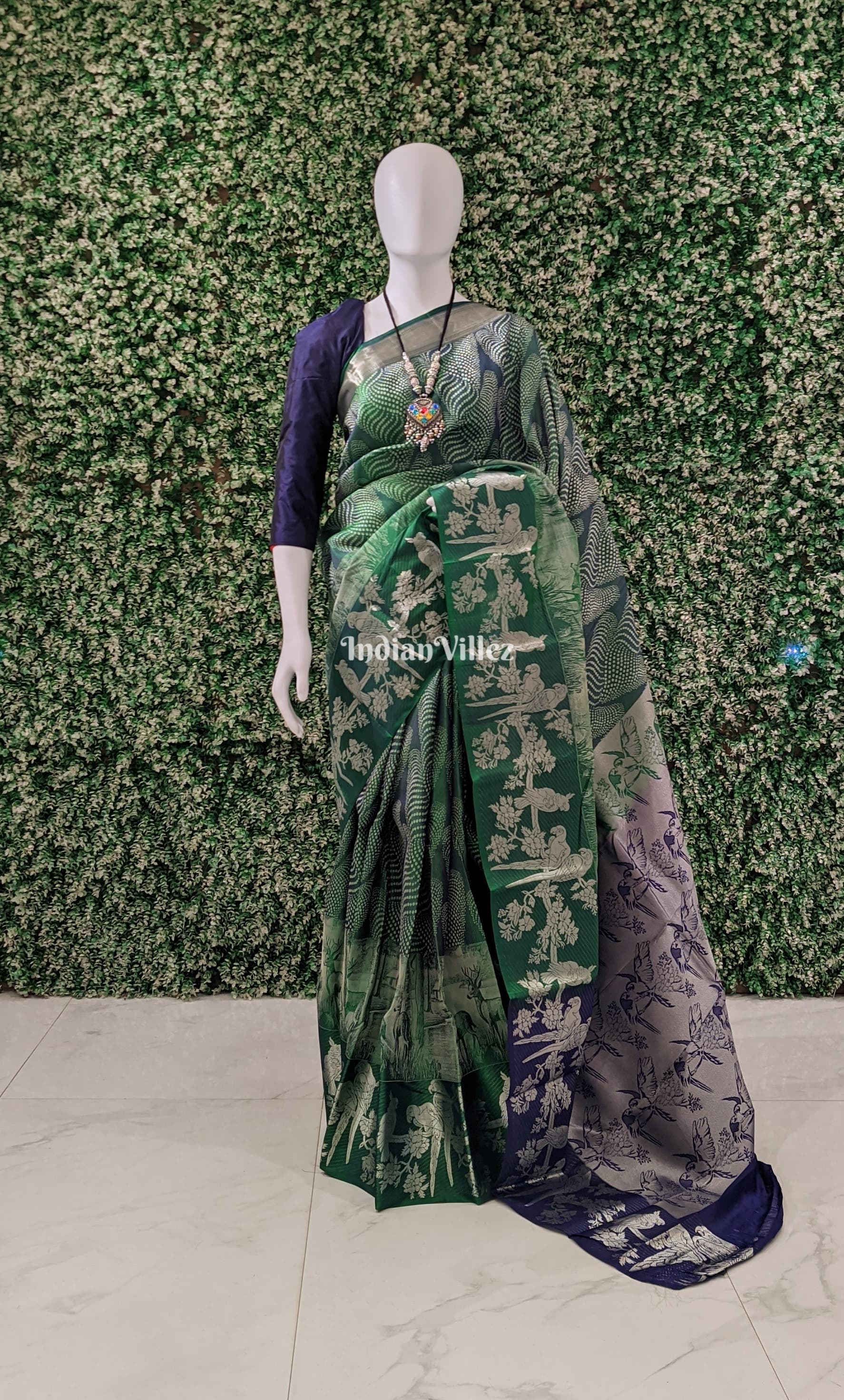 Bottle Green Forest Theme Pure Kanchipuram Silk Saree