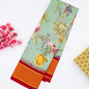 Aquamarine Handloom Kanchipuram Korvai Silk Saree Printed With Floral Motifs