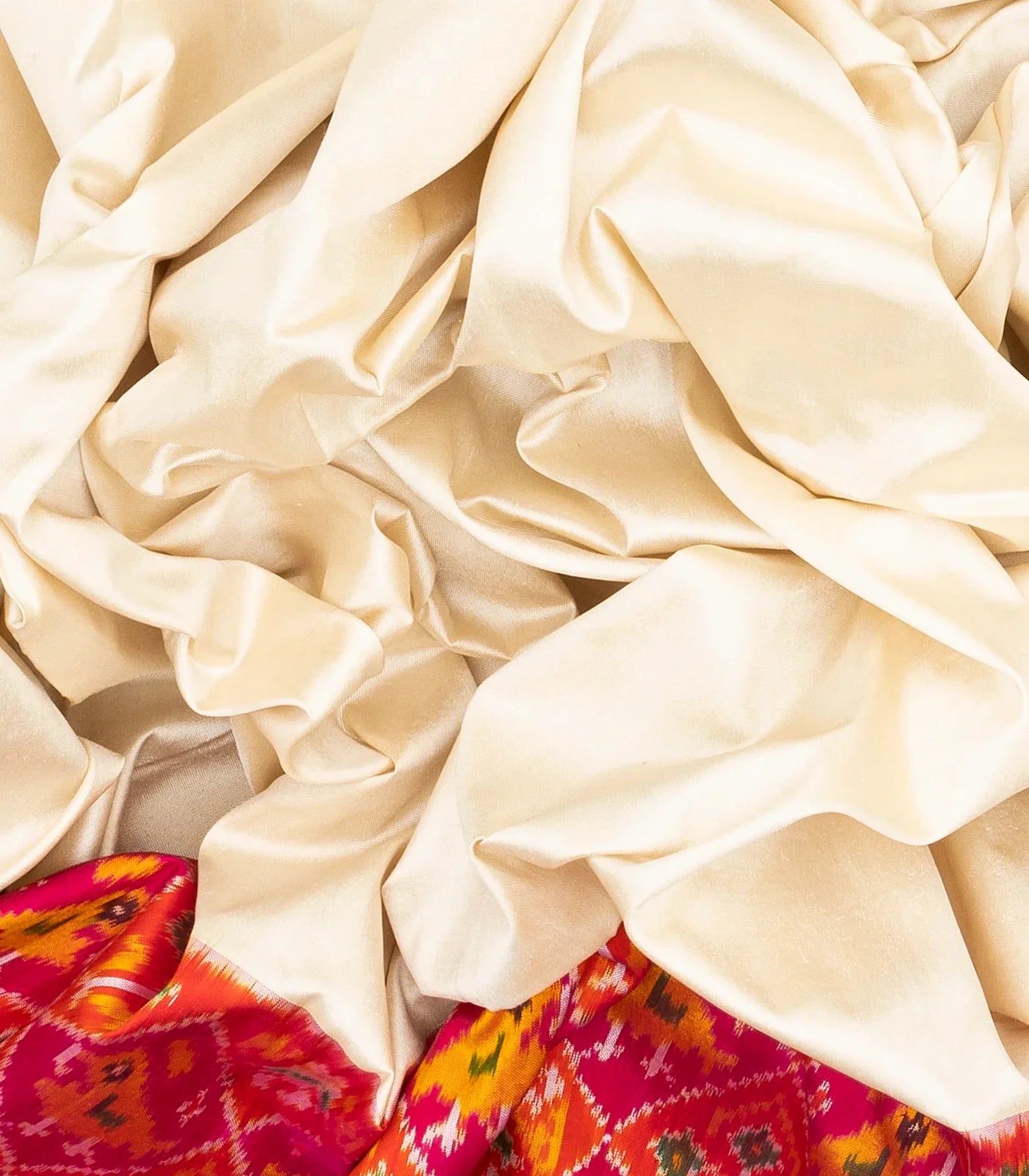 White Handloom Ikat Silk Saree With Contrast Pink Border