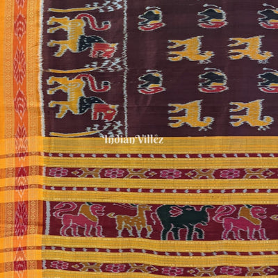 Coffee Yellow Animal Theme Odisha Ikat Khandua Silk Saree