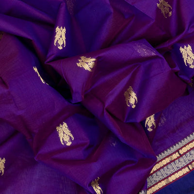 Purple Handloom Silk Cotton Saree With Parrot Buttas