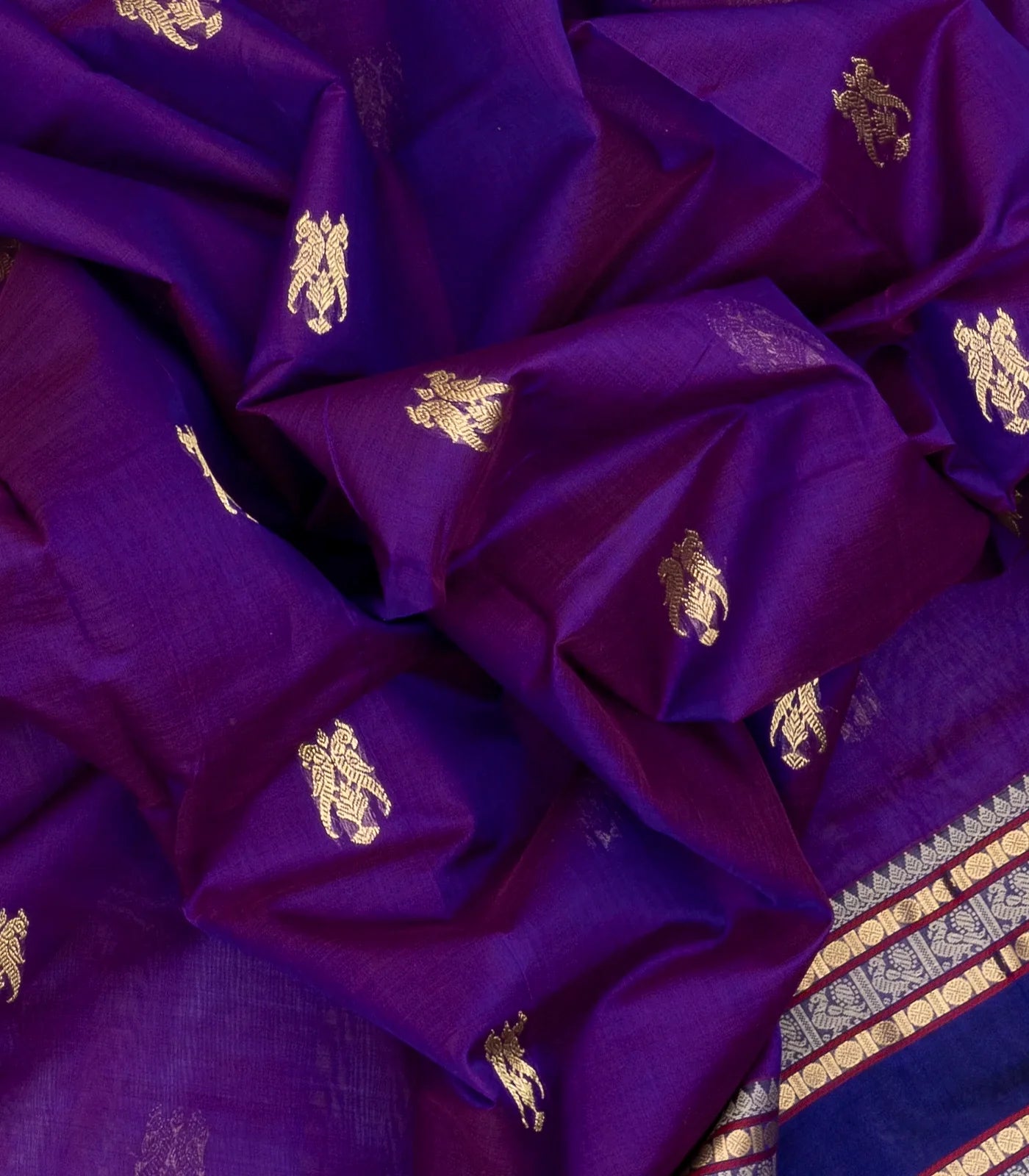 Purple Handloom Silk Cotton Saree With Parrot Buttas