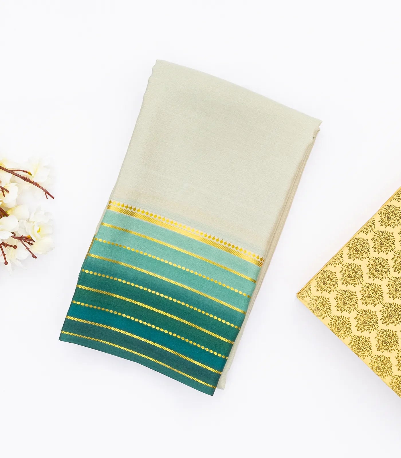 Light Green Mysore Plain Crepe Silk Saree With Contrast Green Border