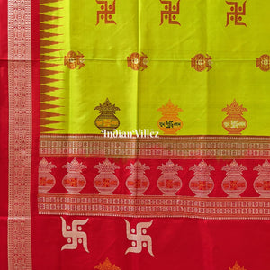 Lime Green & Red Swastik & Kumbha Design Sambalpuri Saree