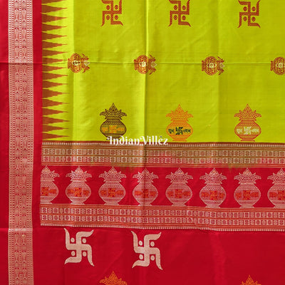 Lime Green & Red Swastik & Kumbha Design Sambalpuri Saree