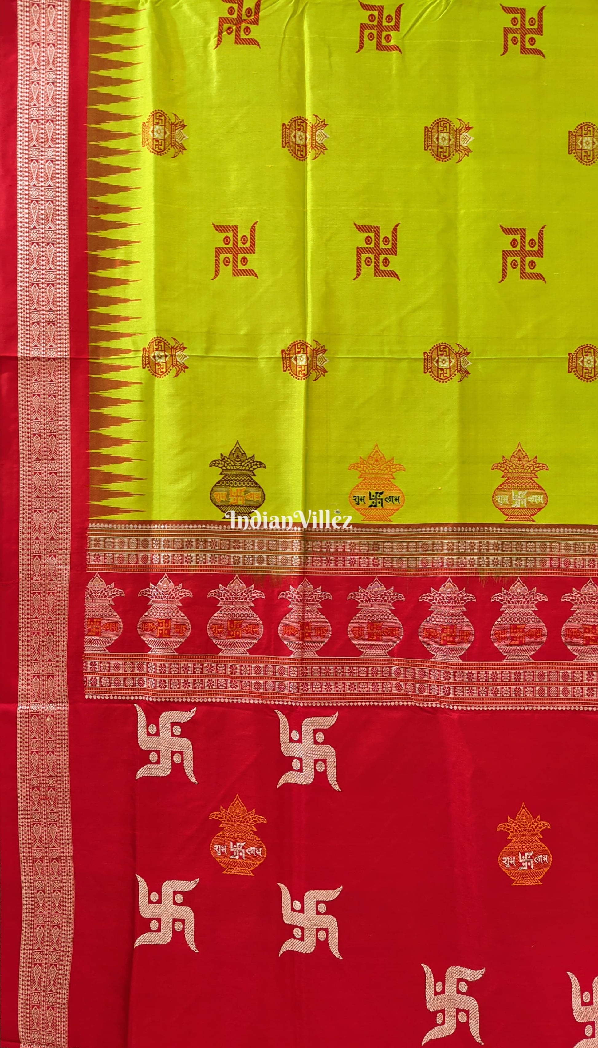 Lime Green & Red Swastik & Kumbha Design Sambalpuri Saree