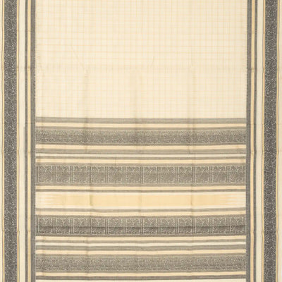 Cream Handloom Silk Cotton Saree With Checks & Contrast Border