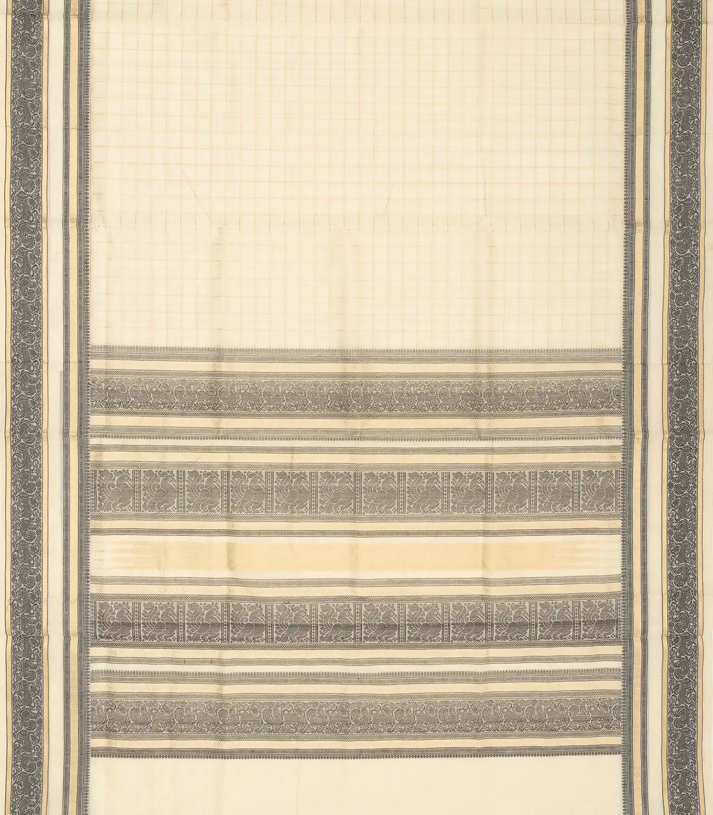 Cream Handloom Silk Cotton Saree With Checks & Contrast Border