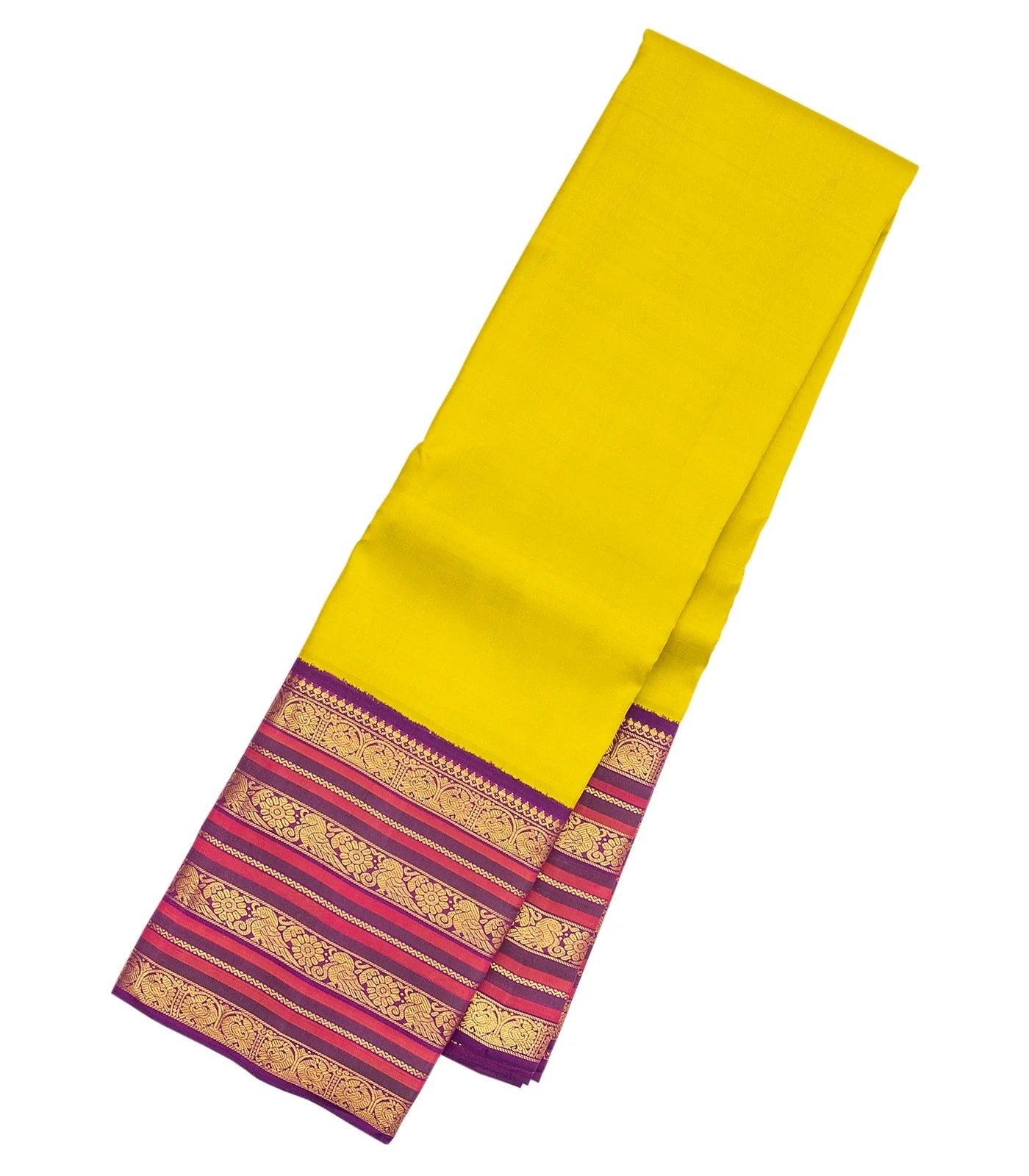 Lime Green Handloom Korvai Kanchipuram Silk Saree With Contrast Border