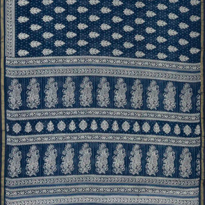 Navy Blue Woven Jaipur Cotton Saree With Printed Cream Floral Motifs