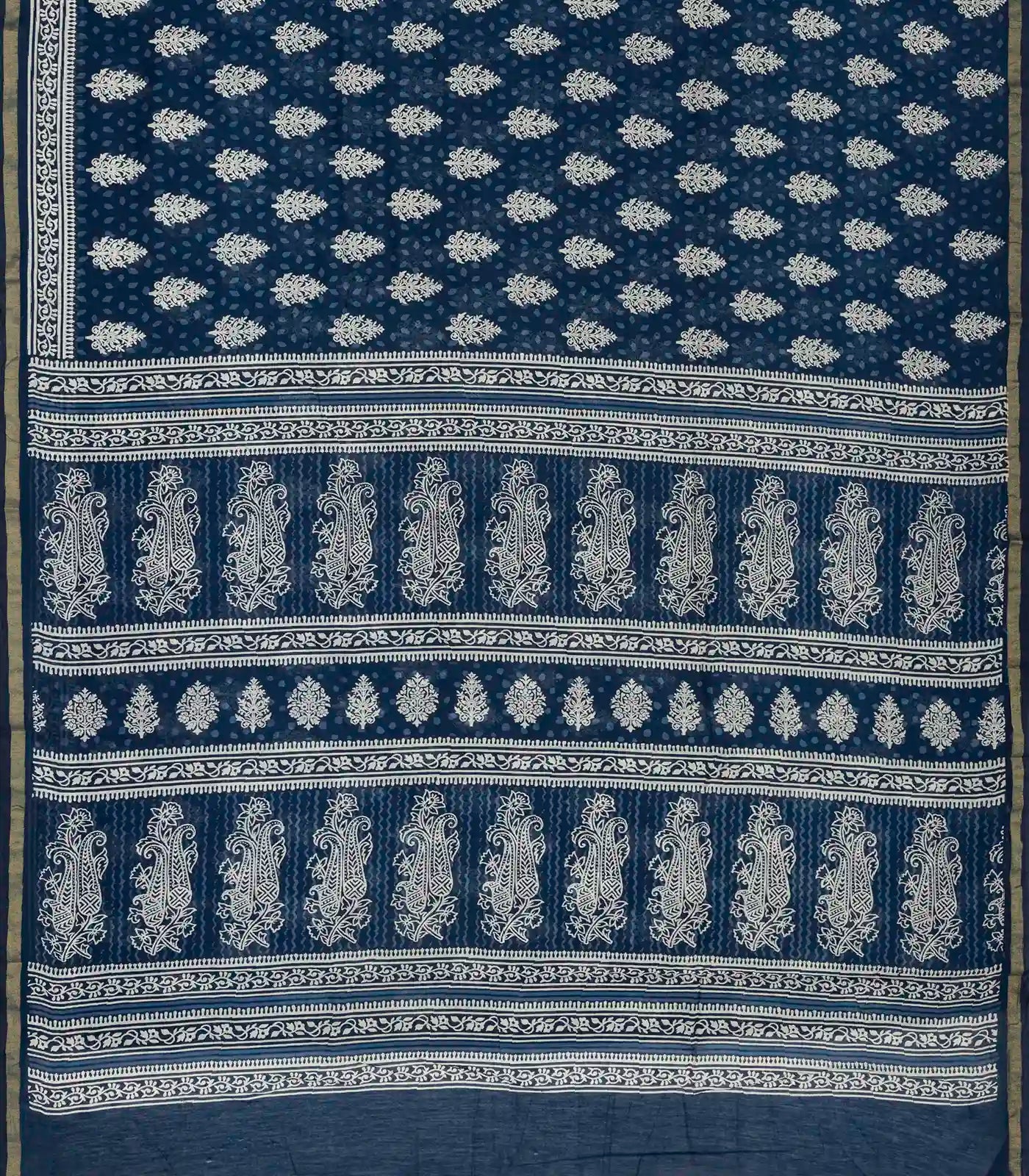 Navy Blue Woven Jaipur Cotton Saree With Printed Cream Floral Motifs