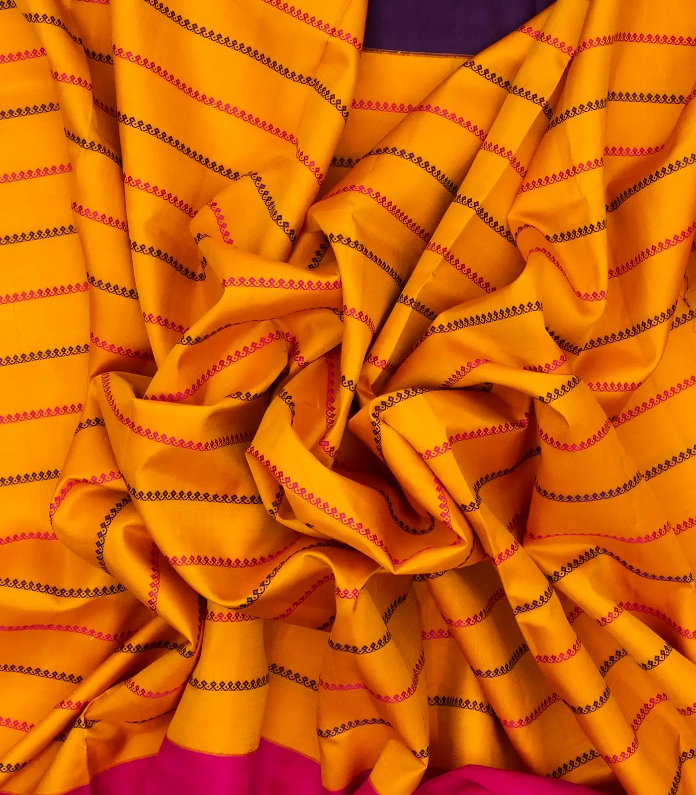 Turmeric Yellow Handloom Soft Silk Saree With Beldari Stripes & Ganga Jamuna Border