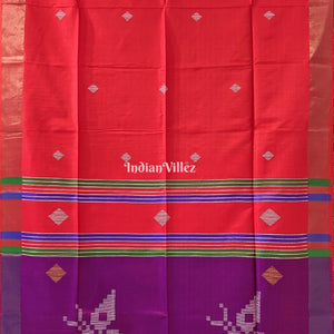 Reddish Orange Purple Handwoven Bishnupuri Silk Saree