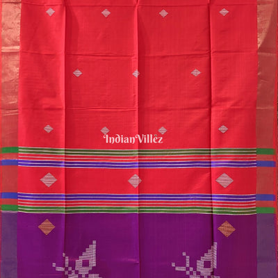 Reddish Orange Purple Handwoven Bishnupuri Silk Saree