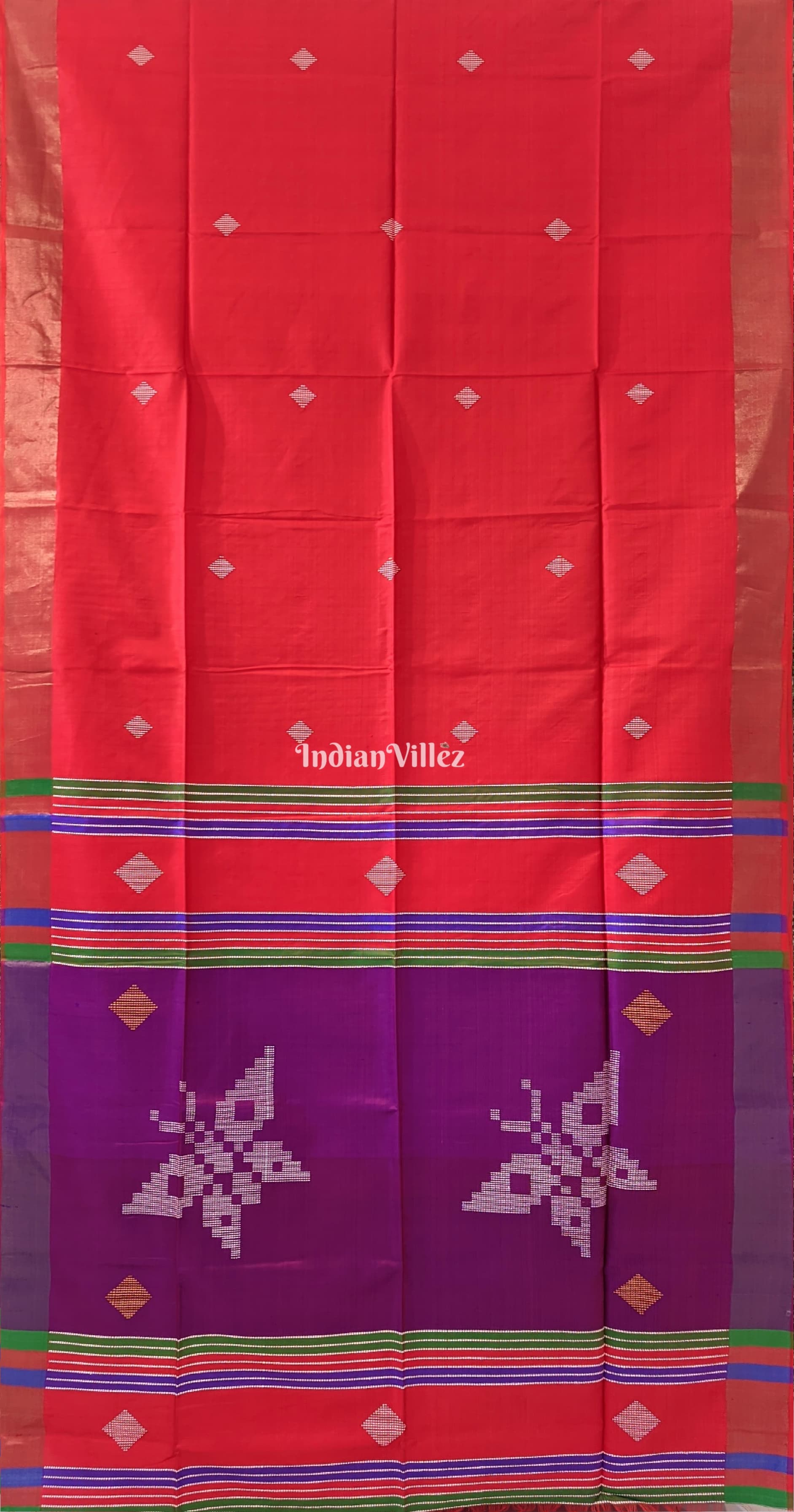 Reddish Orange Purple Handwoven Bishnupuri Silk Saree