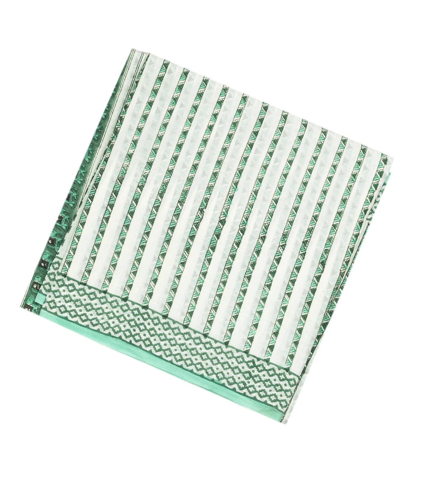 White Woven Jaipur Cotton Saree Printed With Green Stripes