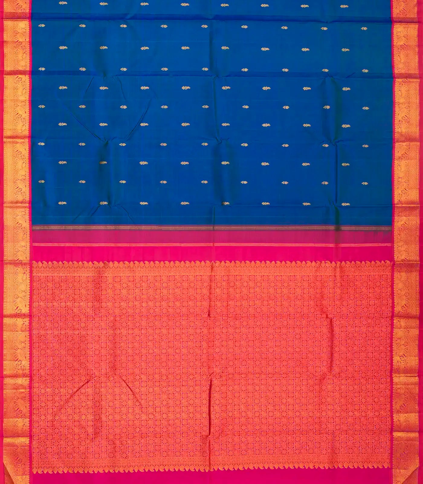 Blue Handloom Kanchipuram Korvai Silk Saree With Mango Buttas