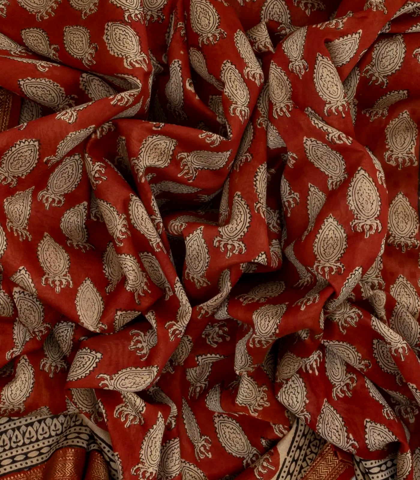 Rust Handloom Chanderi Cotton Saree With Printed Motifs