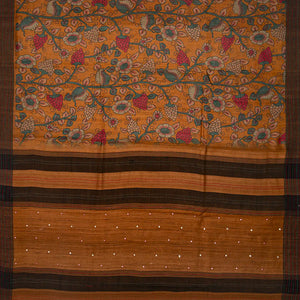Mustard Handloom Tussar Silk Saree Printed With Floral Vine Motifs-Mustard