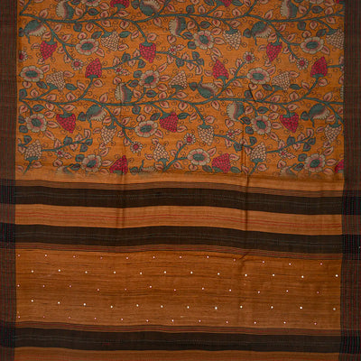 Mustard Handloom Tussar Silk Saree Printed With Floral Vine Motifs-Mustard