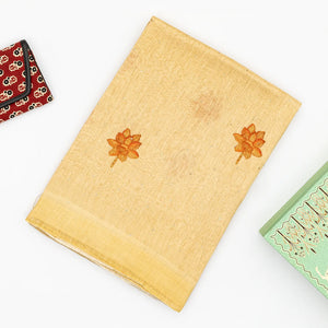 Sandal Handwoven Linen Saree With Printed Flower Motifs