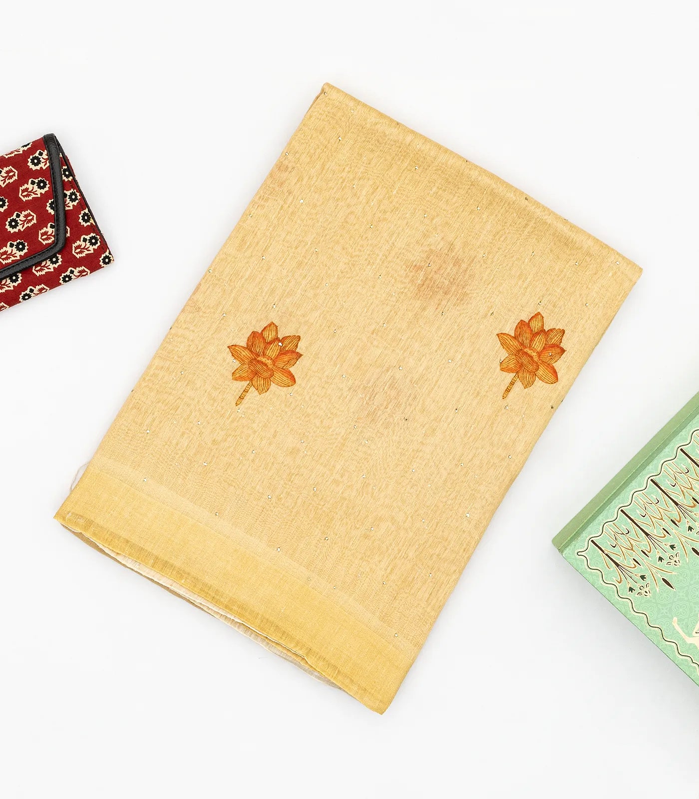 Sandal Handwoven Linen Saree With Printed Flower Motifs