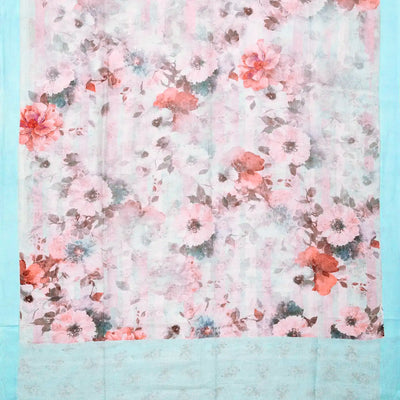 Sky Blue Handloom Linen Saree With Printed Flowers