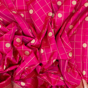 Pink Handwoven Banarasi Silk Saree With Checks & Buttas