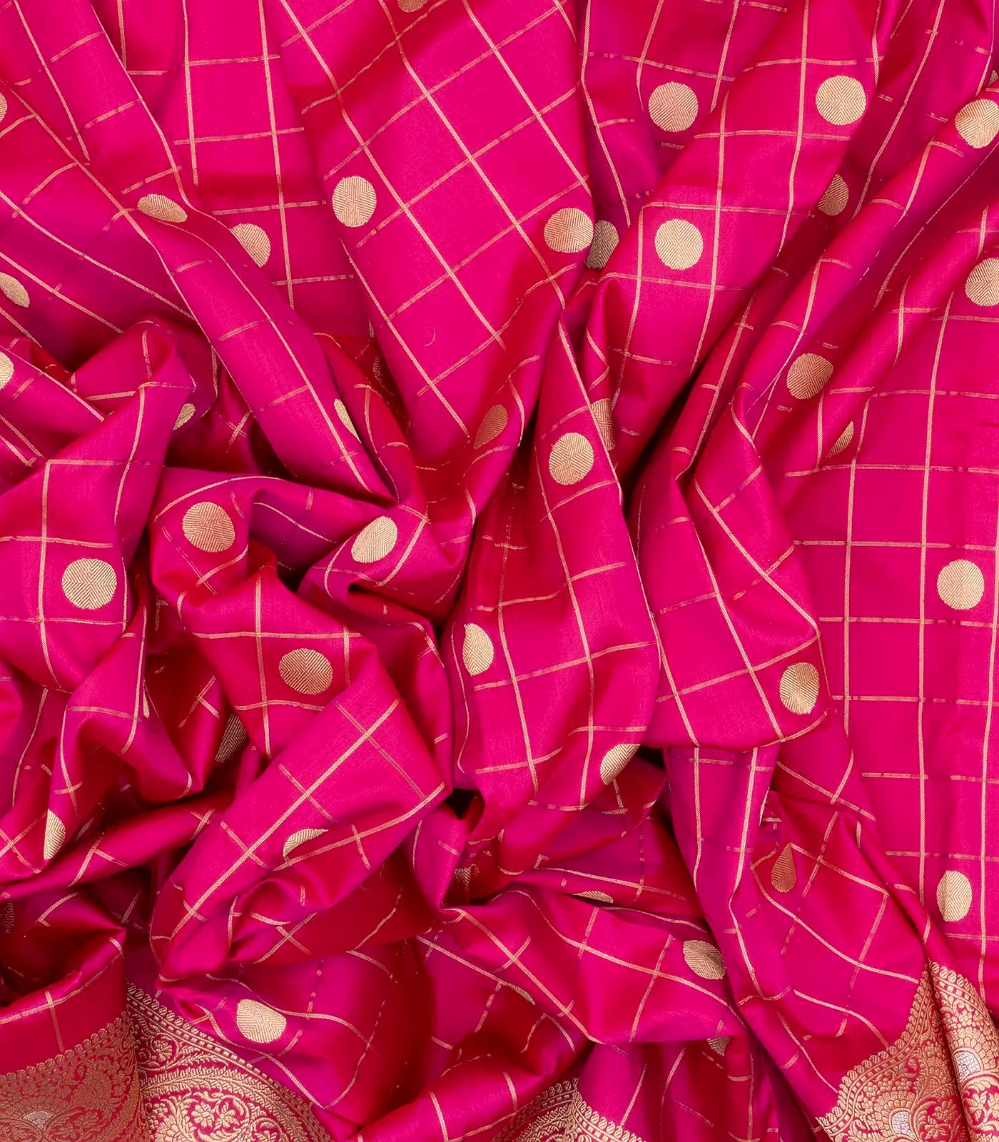 Pink Handwoven Banarasi Silk Saree With Checks & Buttas