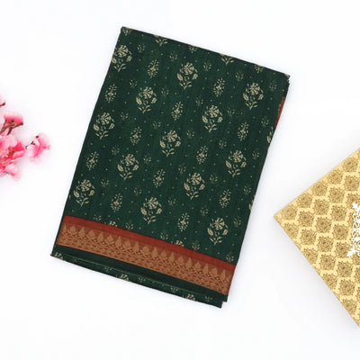 Dark Green Tussar Silk Saree Is Printed With Floral Motifs