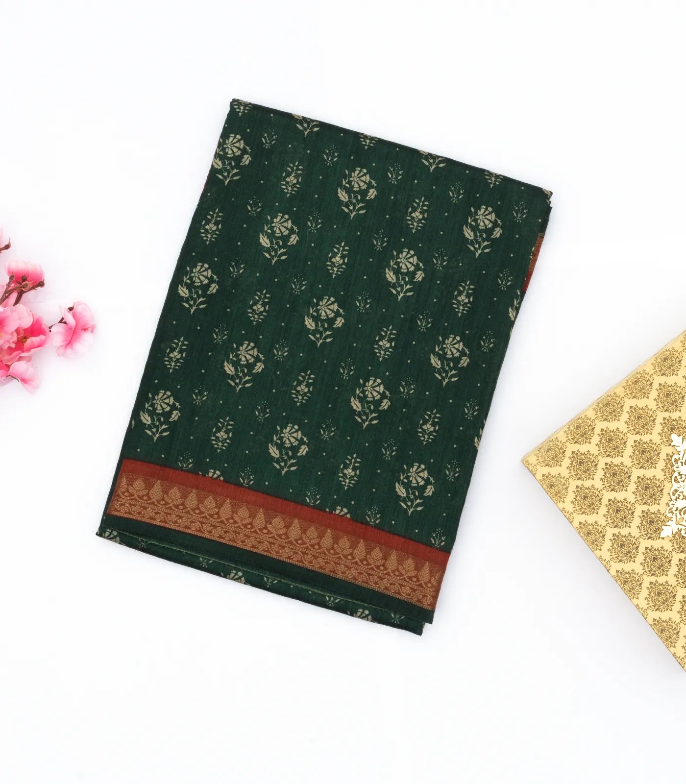 Dark Green Tussar Silk Saree Is Printed With Floral Motifs