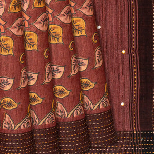 Dusty Pink Handloom Tussar Silk Saree Printed With Floral Vine Motifs-Dusty Pink