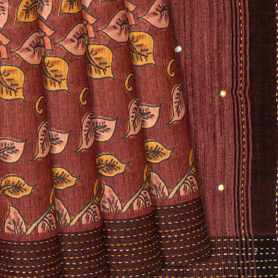 Dusty Pink Handloom Tussar Silk Saree Printed With Floral Vine Motifs-Dusty Pink