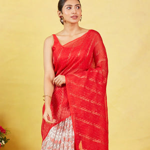 Red Handloom Tussar Silk Saree With Partly Printed Motifs