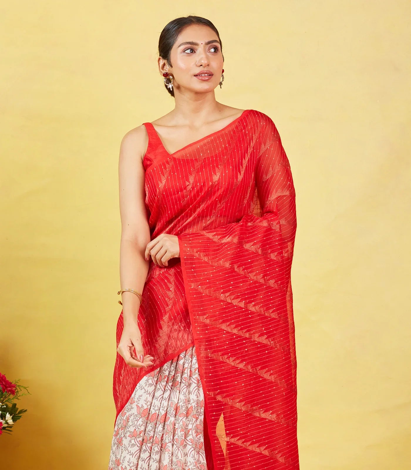 Red Handloom Tussar Silk Saree With Partly Printed Motifs