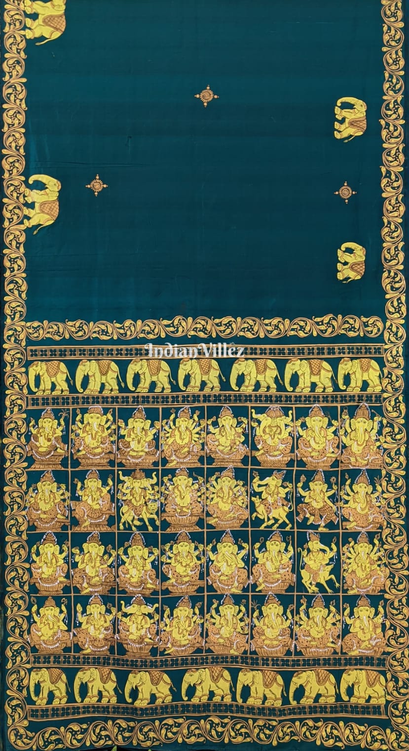 Bottle Green Shree Ganesh Pattachitra Saree